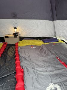 sleeping bag and camping gear setup inside tent Vancouver Island rental