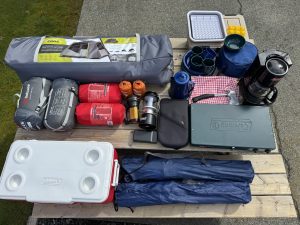 family camping setup Vancouver Island tent table cooking gear rental