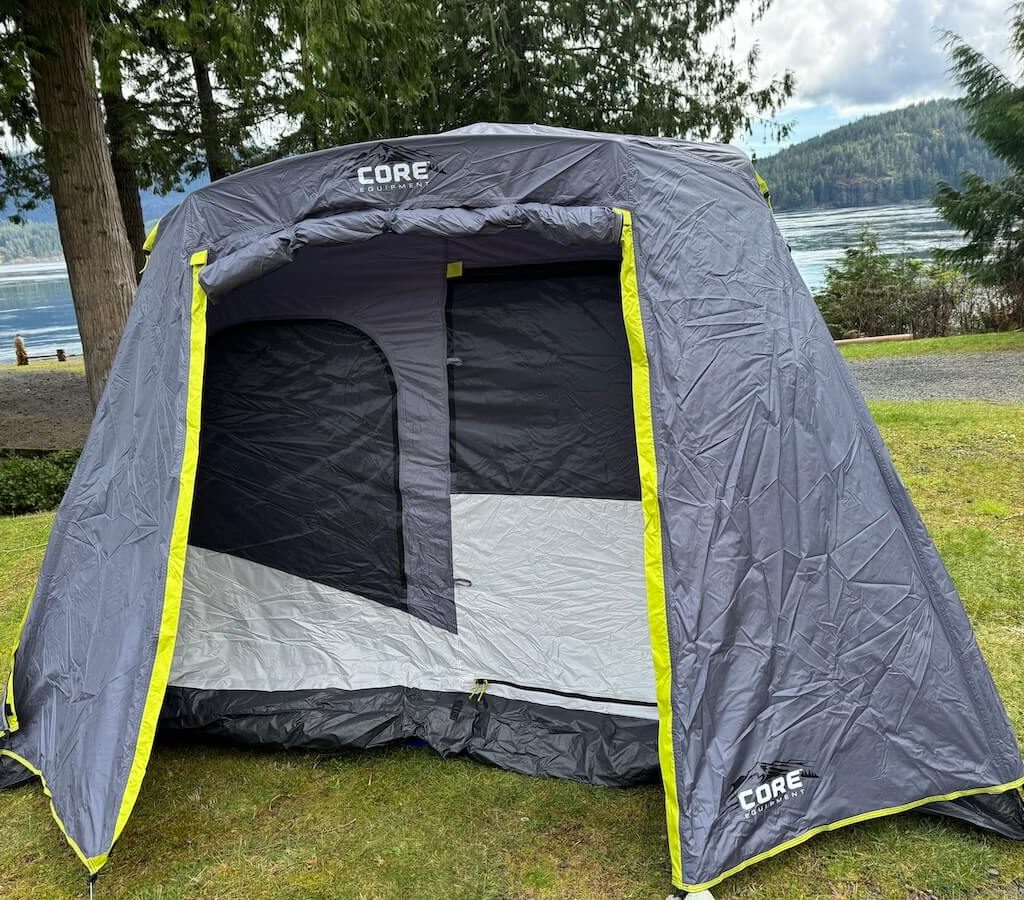 camping tent setup Vancouver Island campground near Nanaimo gear rental