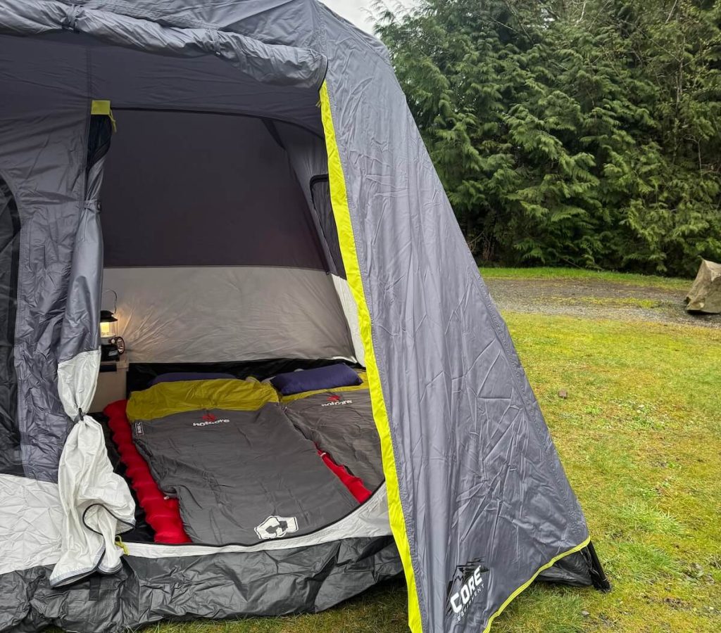 camping sleeping setup inside tent Vancouver Island gear rental package